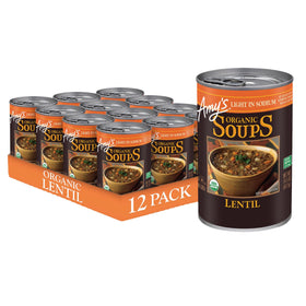 Amy's Lentil Soup front can displays packaging and ready-to-heat convenience
