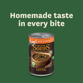 Stack of Amy's Lentil Soup cans in pantry showing convenient multi-pack