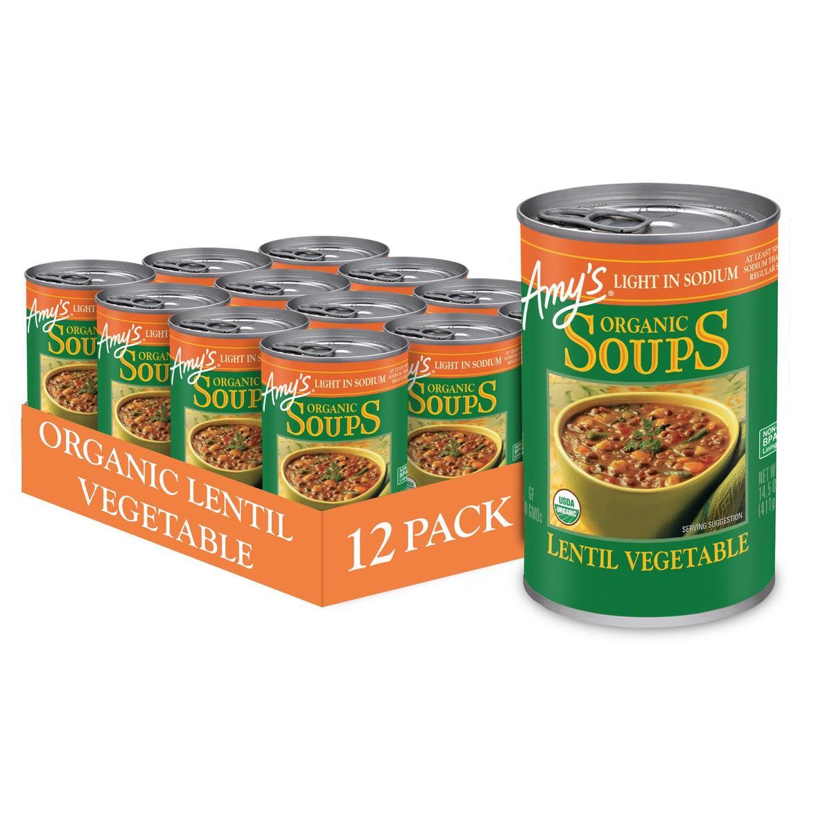 Amy's Lentil Vegetable Soup can label shows organic ingredients for quick meals.
