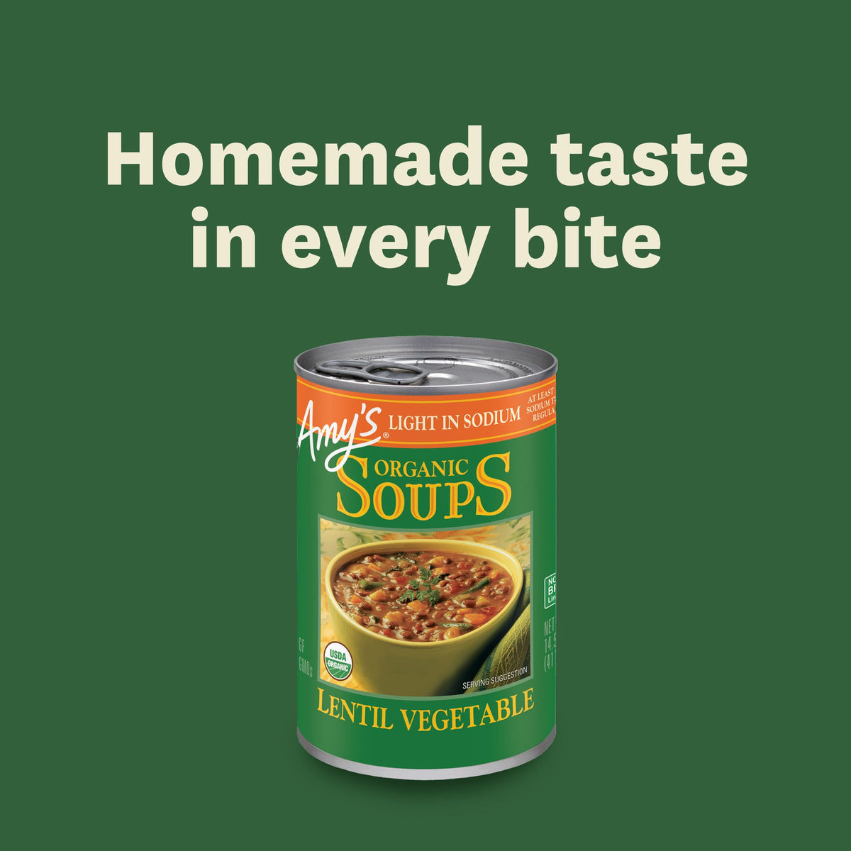 Amy's Lentil Vegetable Soup ready-to-heat instructions shown for convenience.