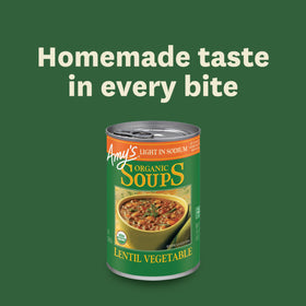 Amy's Lentil Vegetable Soup ready-to-heat instructions shown for convenience.