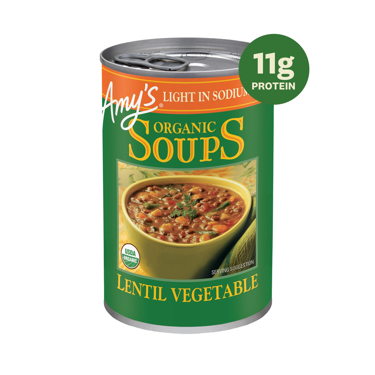 Open Amy's Lentil Soup can with steam rising for quick heat-and-serve meals.