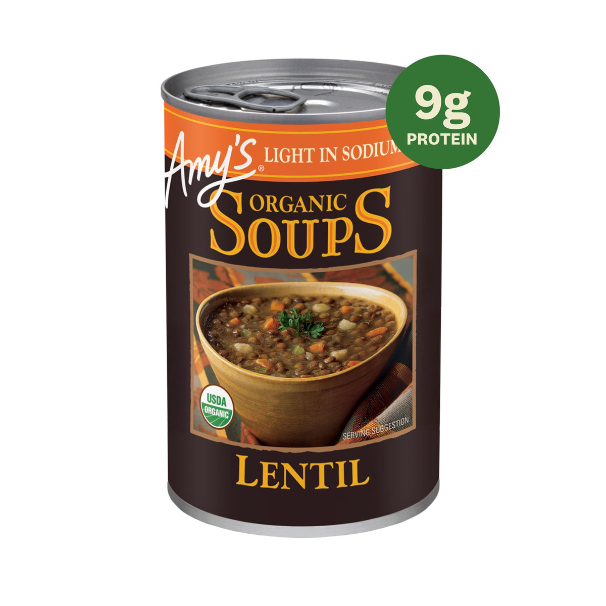 Amy's Light in Sodium Lentil Vegetable can highlights a hearty, low-sodium choice.