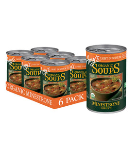 Amy's Minestrone soup can on shelf, a convenient vegan pantry option.