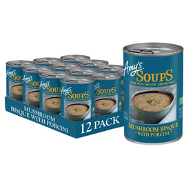 Amy's Mushroom Bisque Porcini 14oz can — creamy, gluten-free, ready to heat.