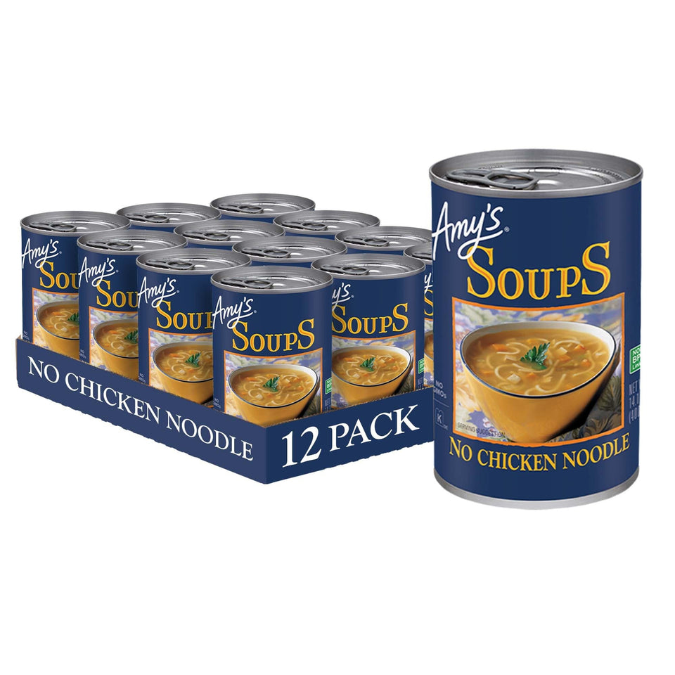 Amy's No Chicken Noodle Soup 12-pack cans, convenient for quick lunches
