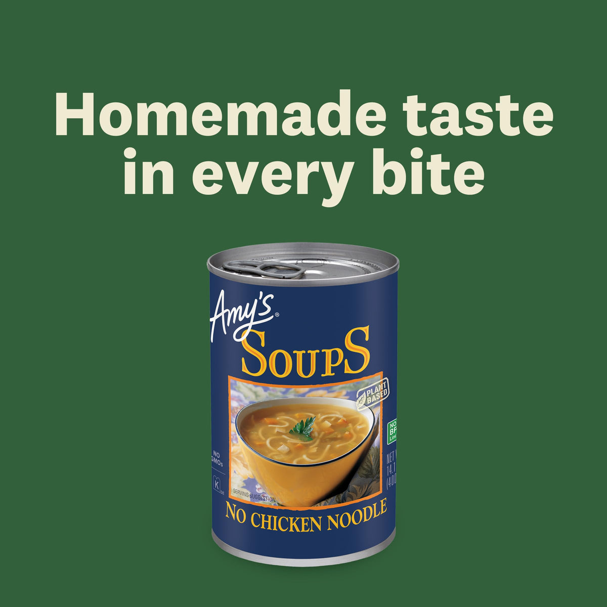 Amy's No Chicken Noodle Soup veggie chunks in bowl, comforting family meal