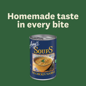 Amy's No Chicken Noodle Soup veggie chunks in bowl, comforting family meal