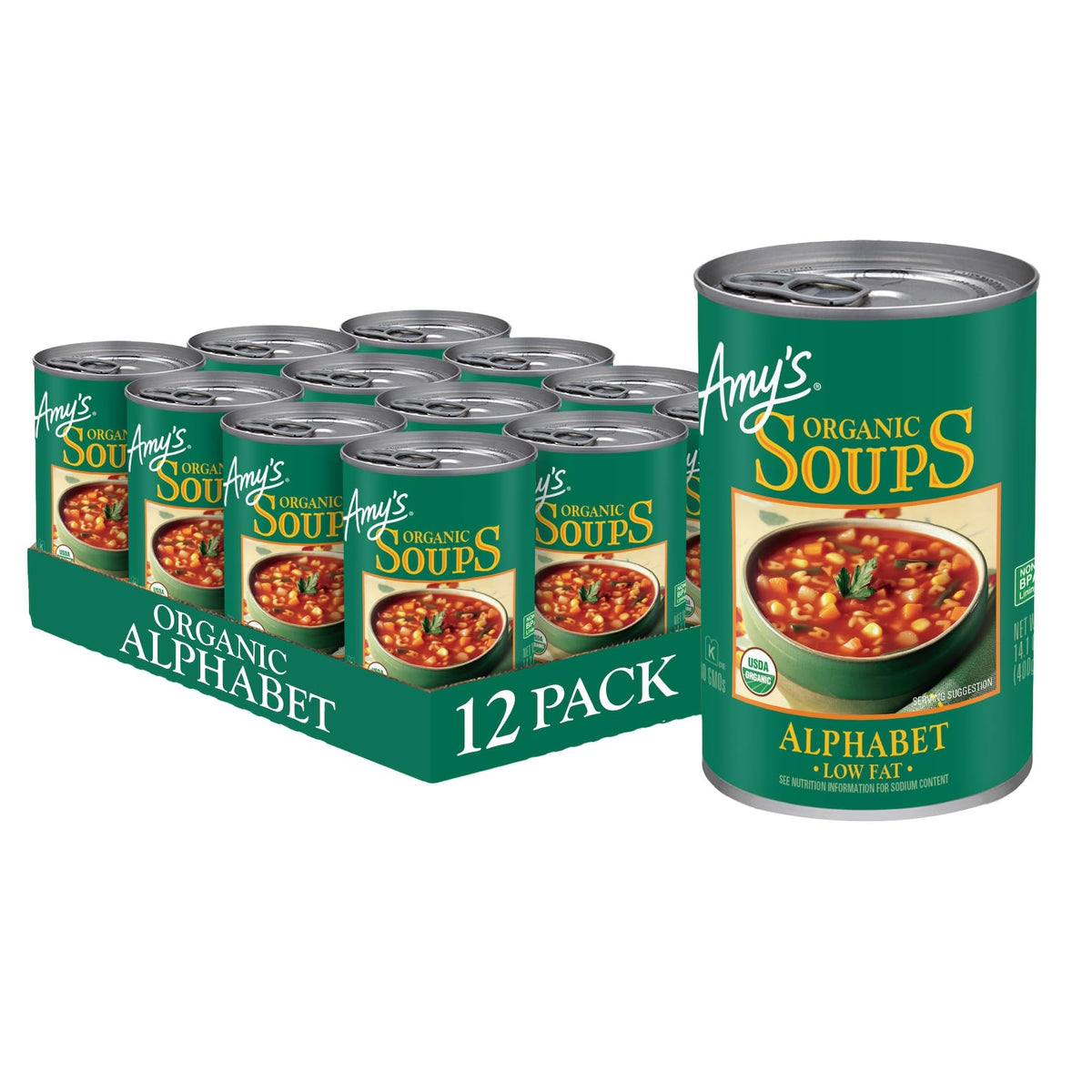 Amy's Organic Alphabet Soup can 12-pack shown for quick family meals