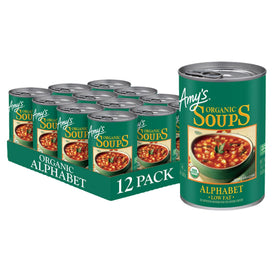 Amy's Organic Alphabet Soup can 12-pack shown for quick family meals