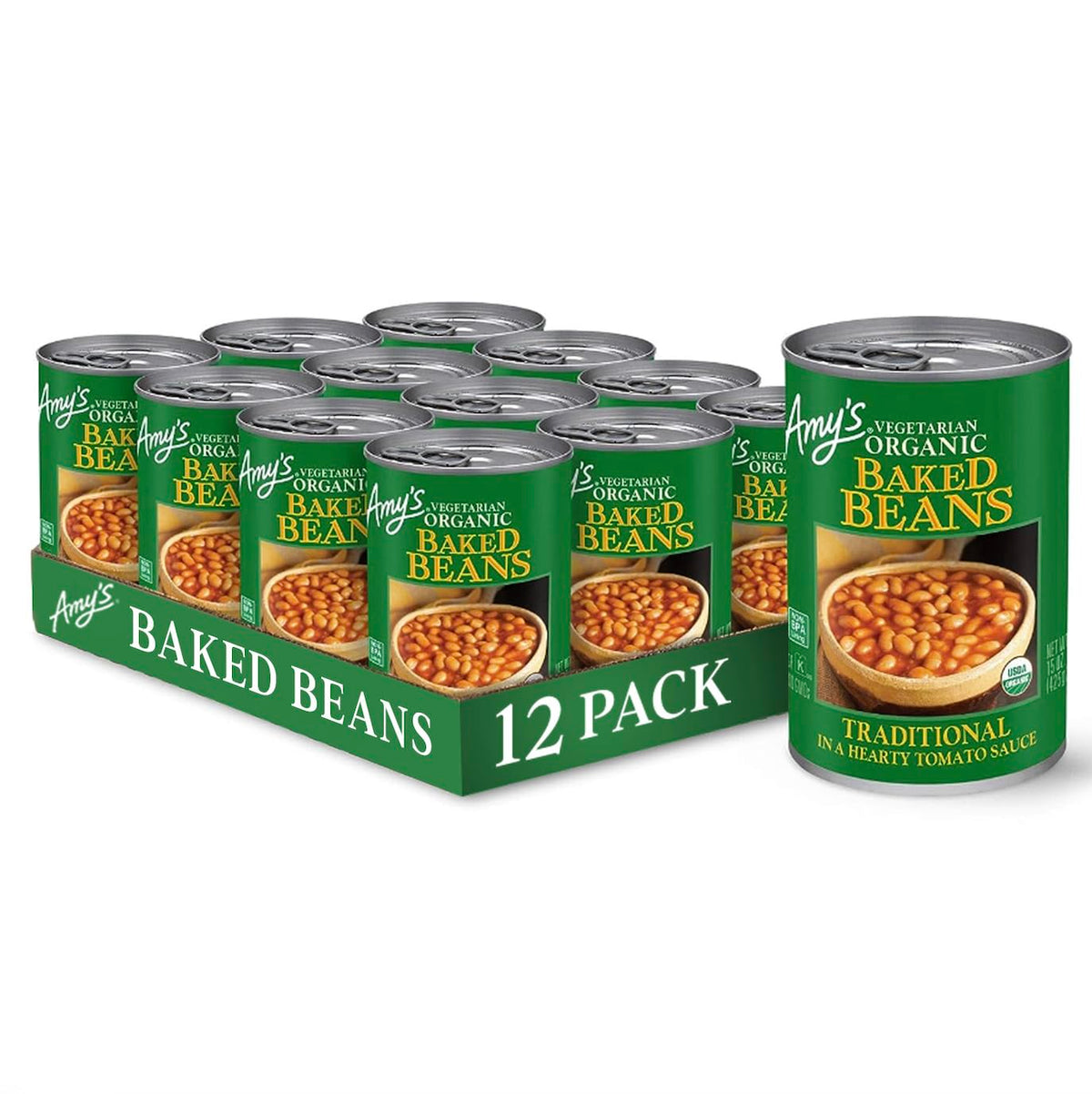 Amy's Organic Baked Beans cans on shelf, a convenient plant-based staple