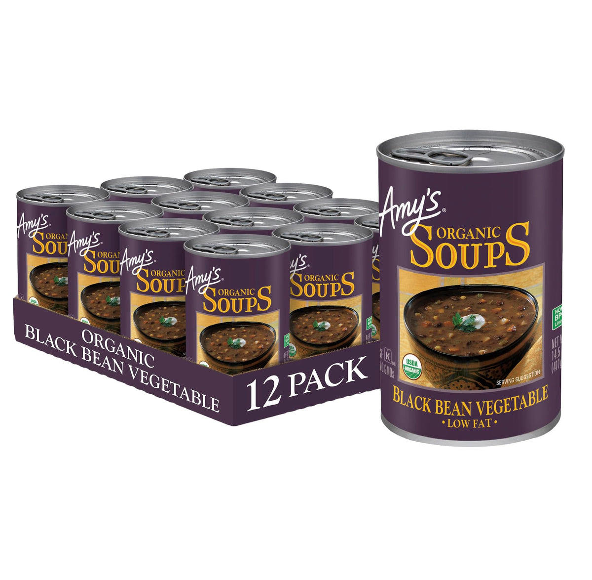 Amy's Organic Black Bean Vegetable Soup can showing label and ingredients for a fiber-rich plant-based option.