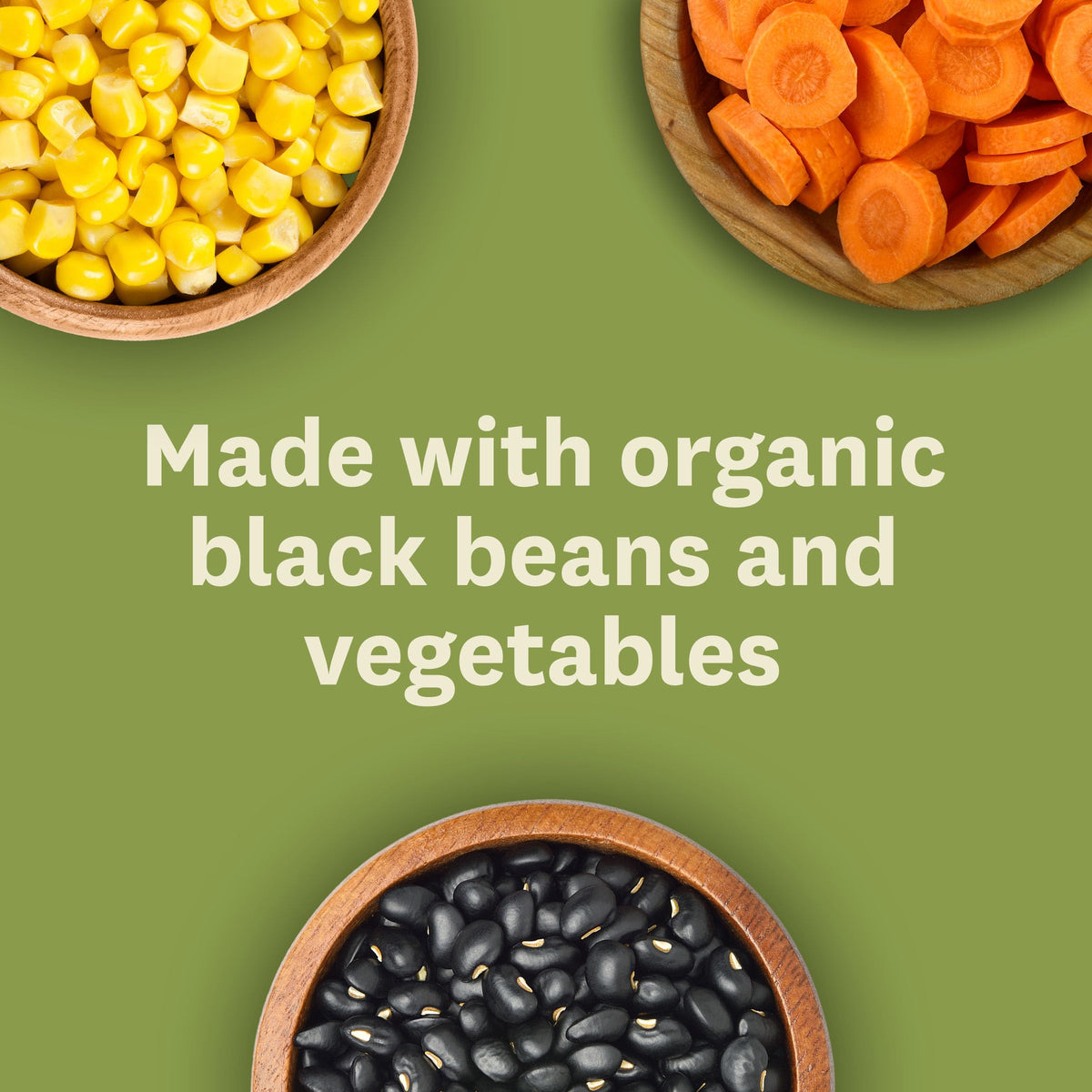 Close-up of Amy's soup ingredients: organic black beans and vegetables.