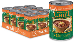 Amy's Organic Medium Vegan Chili cans on a shelf, quick plant-based meals