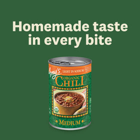 Amy's Organic Medium Vegan Chili low-sodium label signals healthier choice