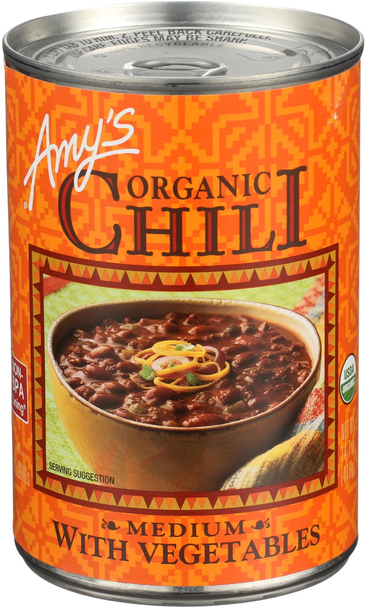 Amy's Organic Chili with Vegetables can label view, ready for quick meals