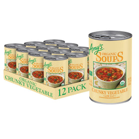 Amy's Organic Chunky Vegetable Soup 12-pack can, pantry staple for quick plant-based meals.
