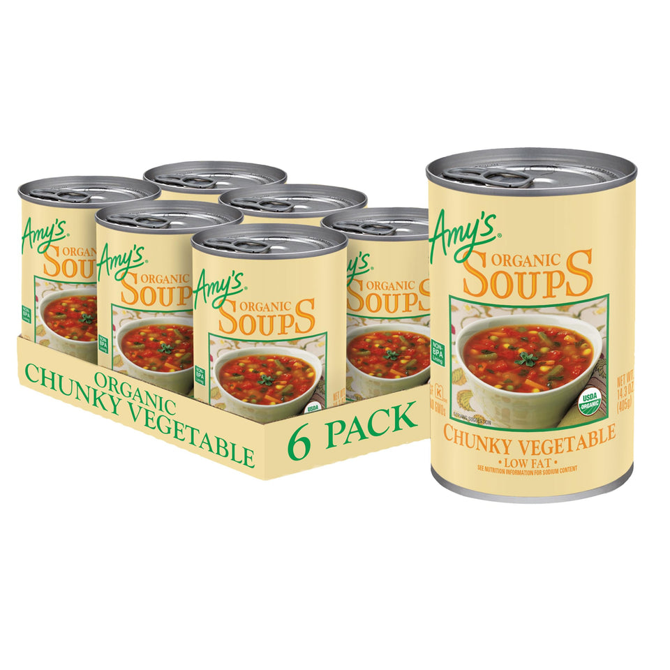 Amy's organic chunky vegetable soup six-pack ready for quick vegan meals.