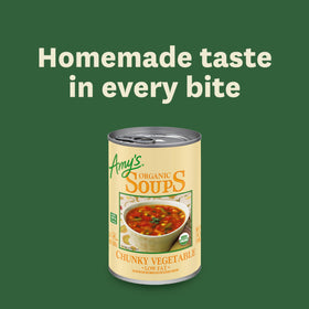 Amy's can label highlighting organic ingredients and plant-based options.