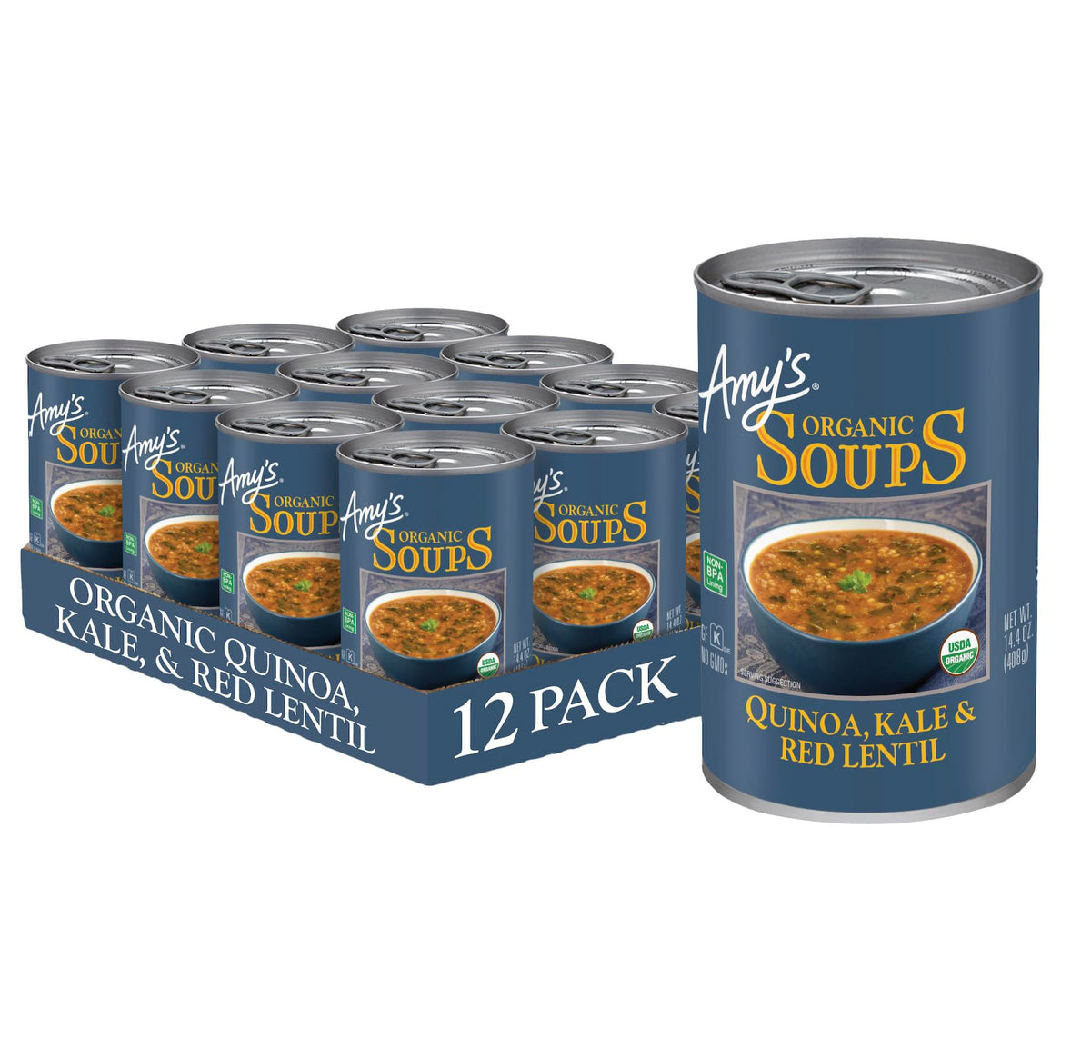Amy's Organic Kale, Quinoa and Red Lentil Soup pack provides a hearty plant-based meal.