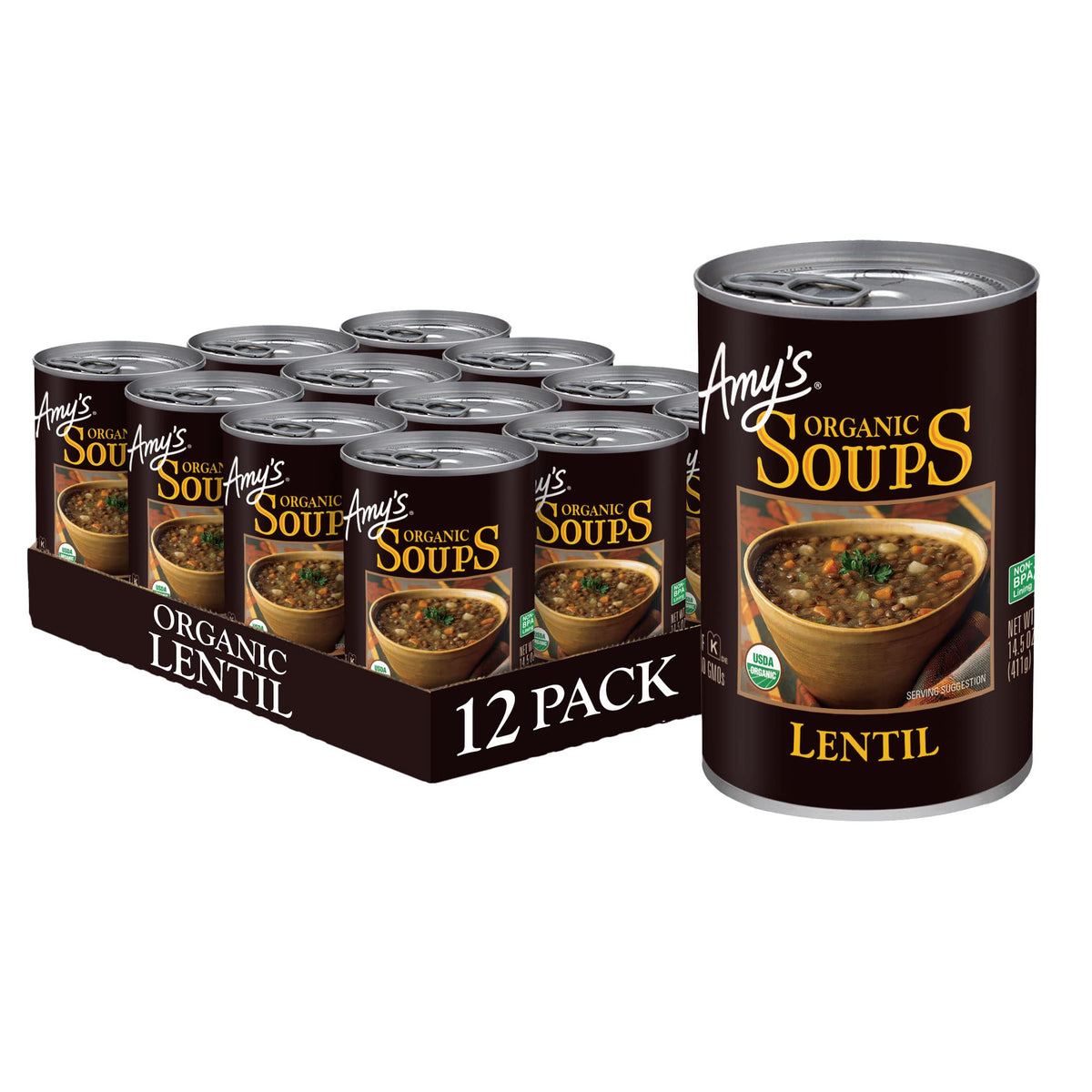Amy's Organic Lentil Soup 12-pack on shelf, ready for quick plant-based meals.