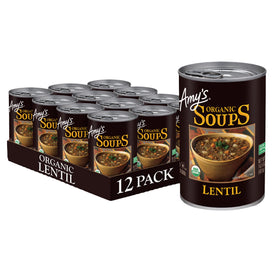 Amy's Organic Lentil Soup 12-pack on shelf, ready for quick plant-based meals.