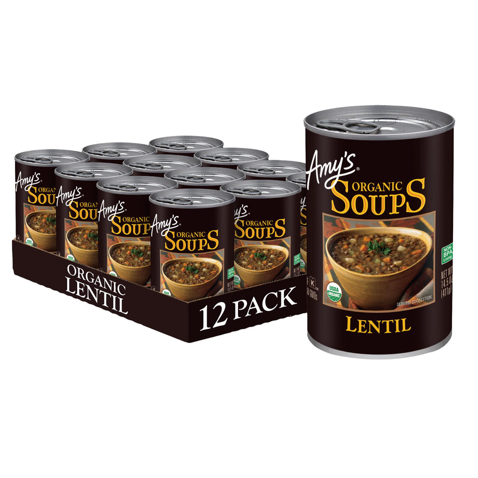 Amy's Organic Lentil Soup 12-pack on shelf, ready for quick plant-based meals.