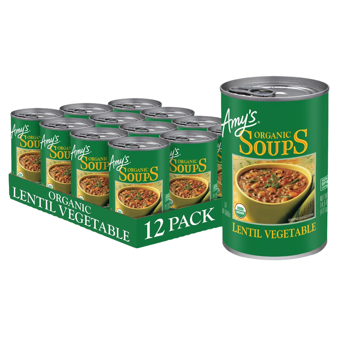 Amy's Organic Lentil Soup can front view for quick, plant-based dinners