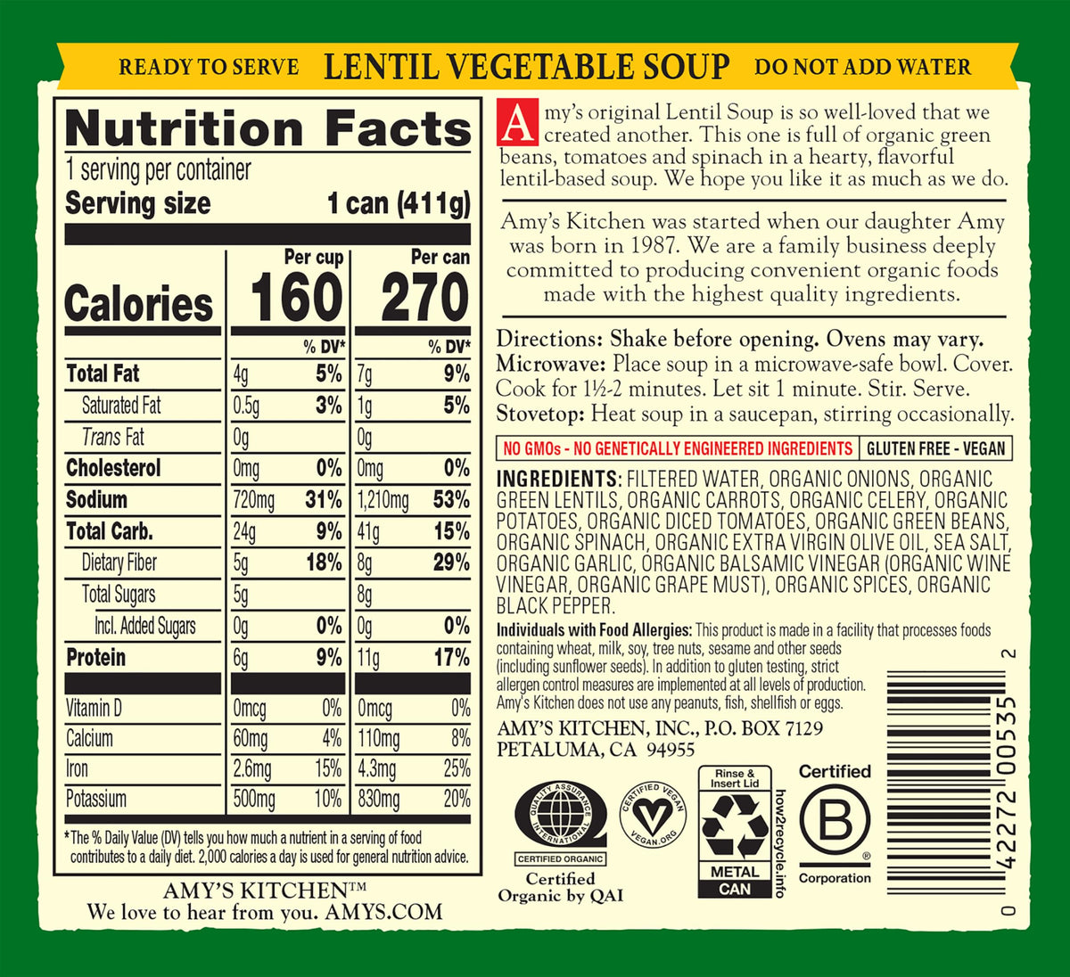 Amy's Lentil Soup wholesome ingredients for quick weeknight meals