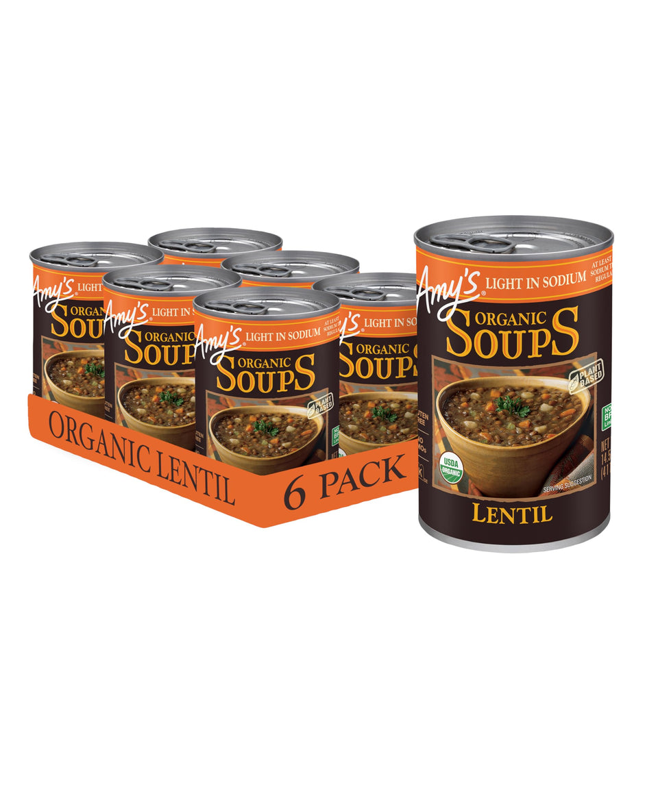 Amy's Organic Lentil Soup front can with light sodium badge