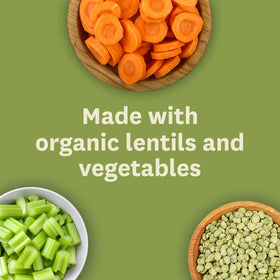 Amy's Organic Lentil Soup ingredients with lentils and vegetables showcased.