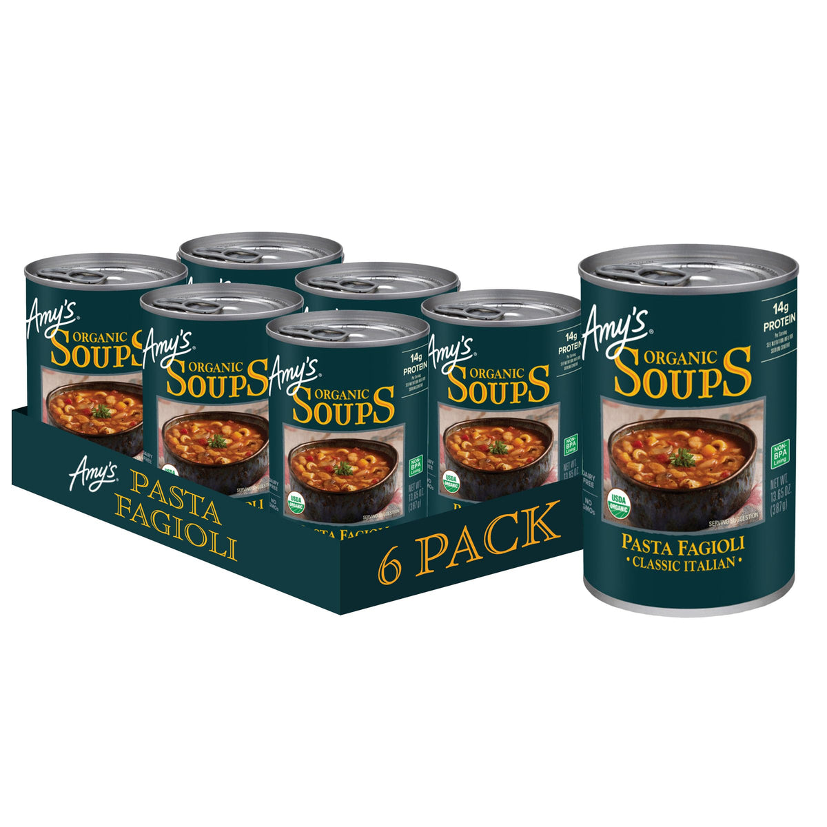 Amy's Organic Pasta Fagioli soup can label highlights organic, plant-based convenience.