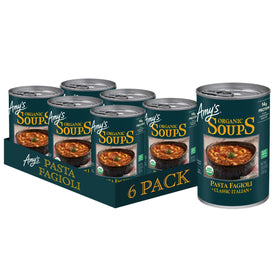 Amy's Organic Pasta Fagioli soup can label highlights organic, plant-based convenience.