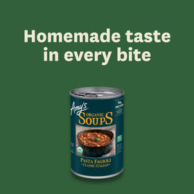 Amy's Organic Pasta Fagioli soup cannellini beans emphasize plant-based protein.