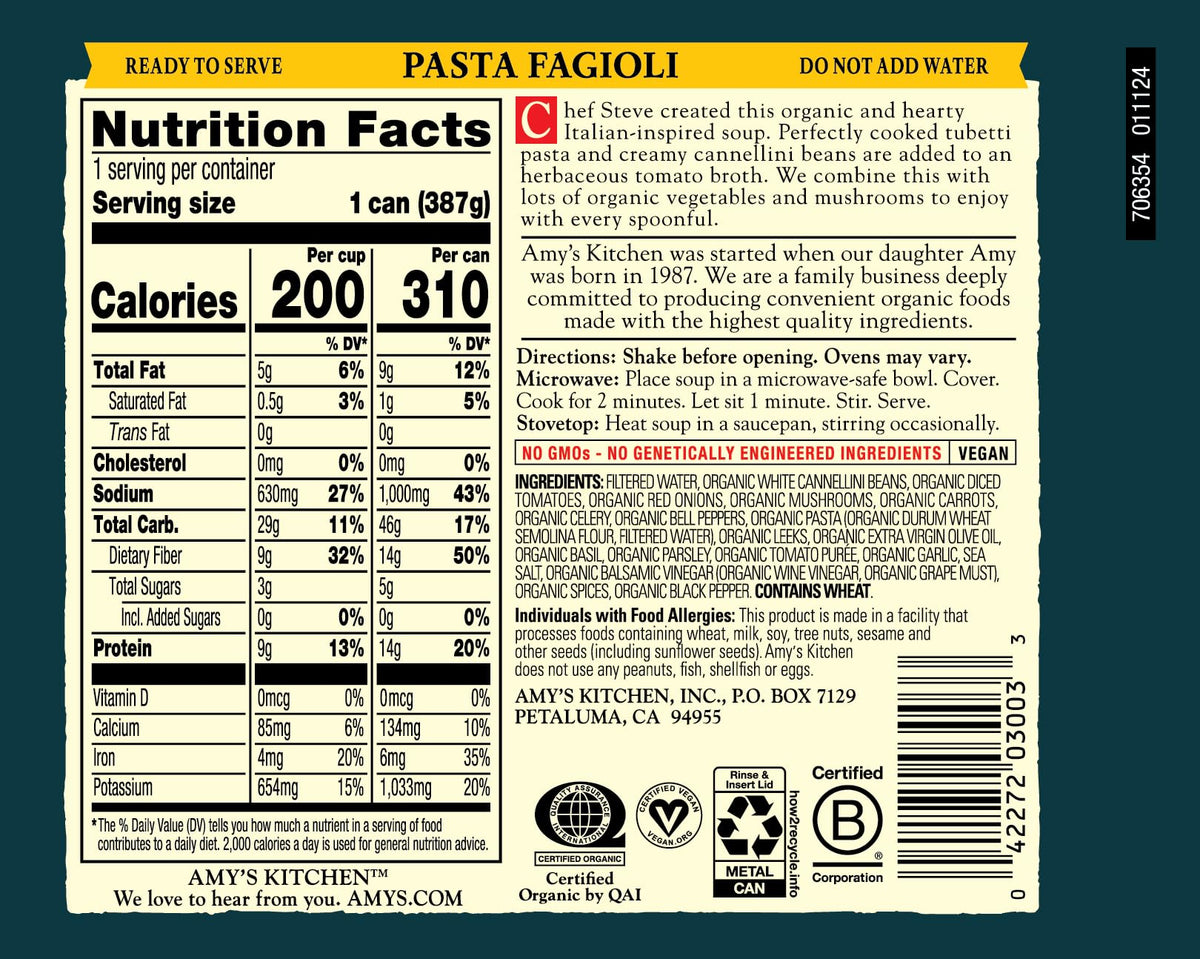 Amy's Organic Pasta Fagioli soup label back shows organic ingredients.