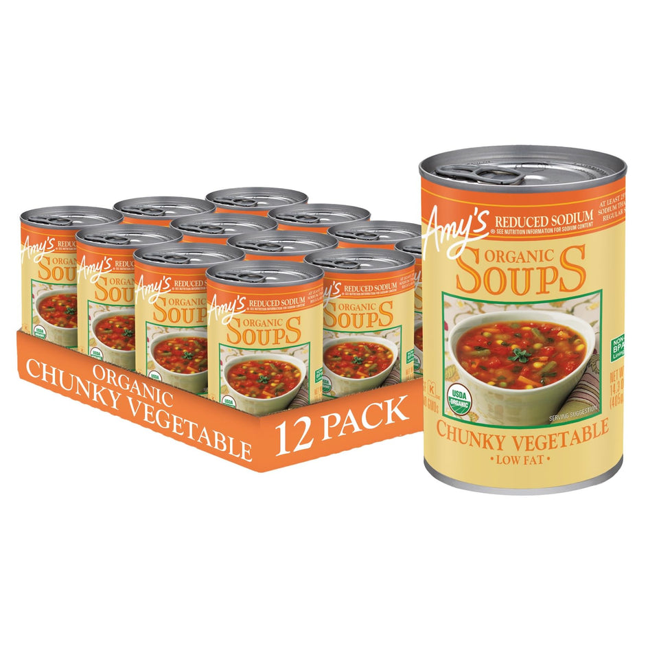 Amy's Organic Reduced Sodium Chunky Vegetable Soup can front label highlights organic ingredients for quick meals.