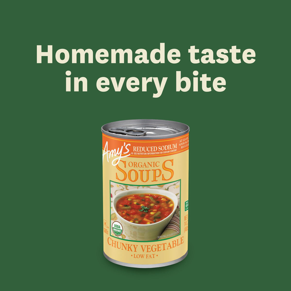Amy's packaging side view underscores reduced sodium and organic certifications.