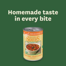 Amy's packaging side view underscores reduced sodium and organic certifications.