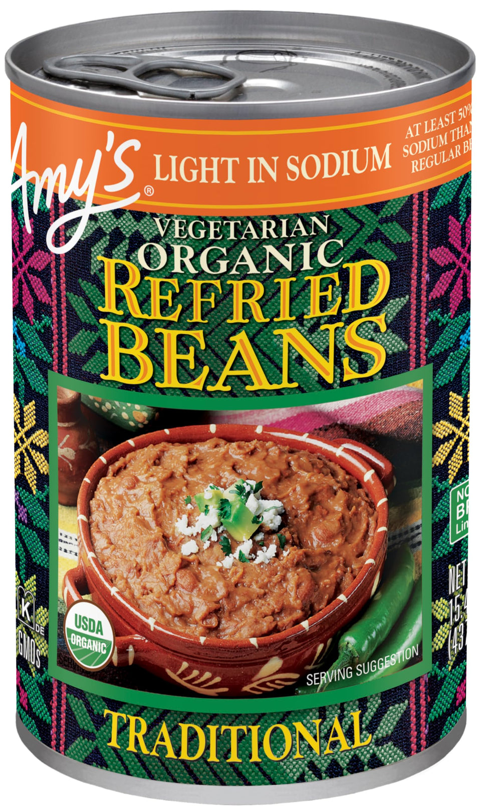 Amy's Organic Refried Beans can in a 12-pack, convenient pantry staple.