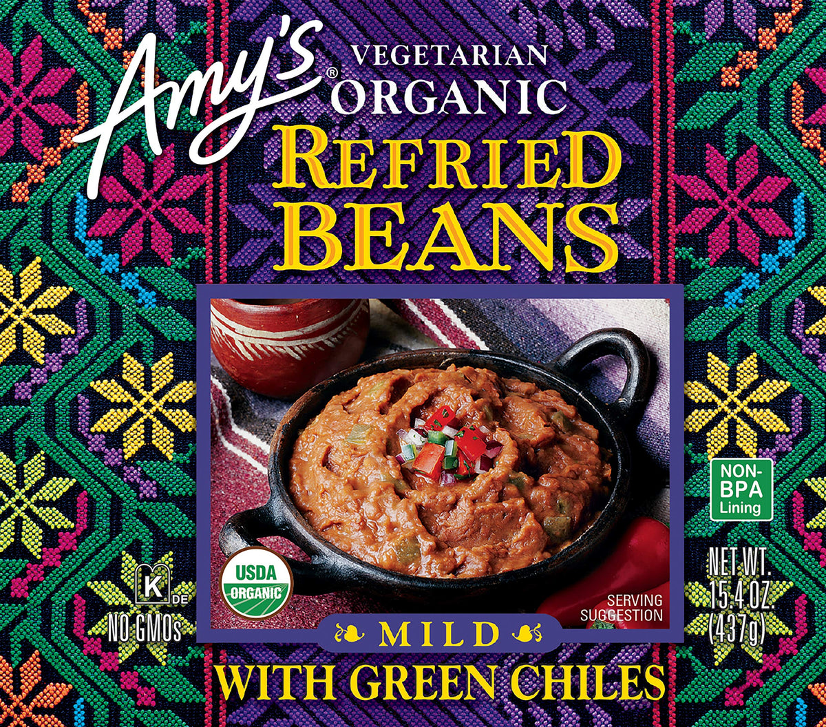 Amy's Organic Refried Beans with Green Chiles sealed box shows gluten-free and kosher seals.