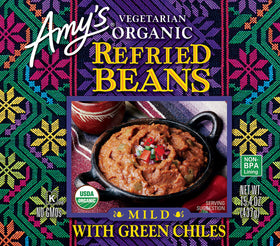 Amy's Organic Refried Beans with Green Chiles sealed box shows gluten-free and kosher seals.