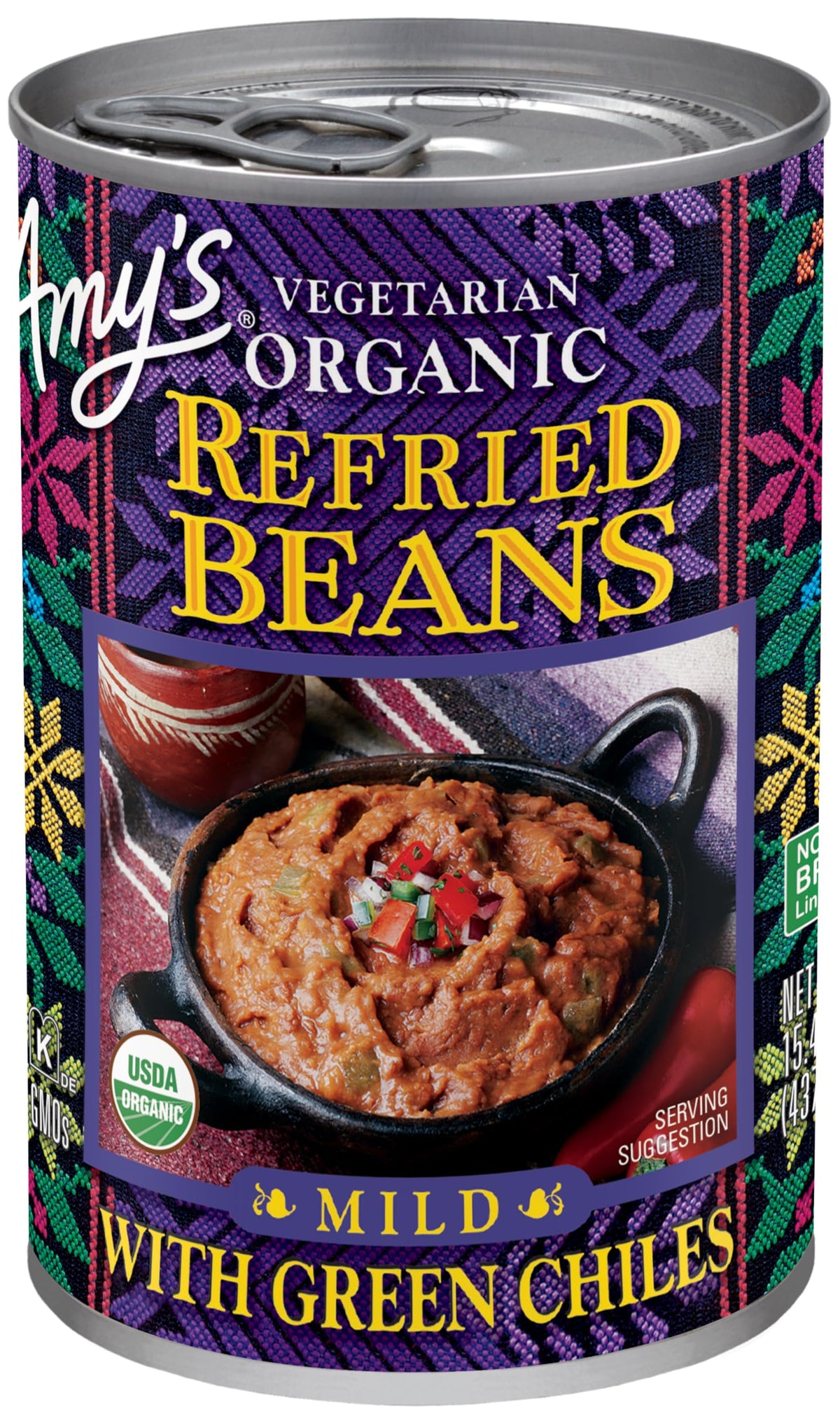Amy's Organic Refried Beans with Green Chiles twelve-pack cans, convenient plant-based protein.
