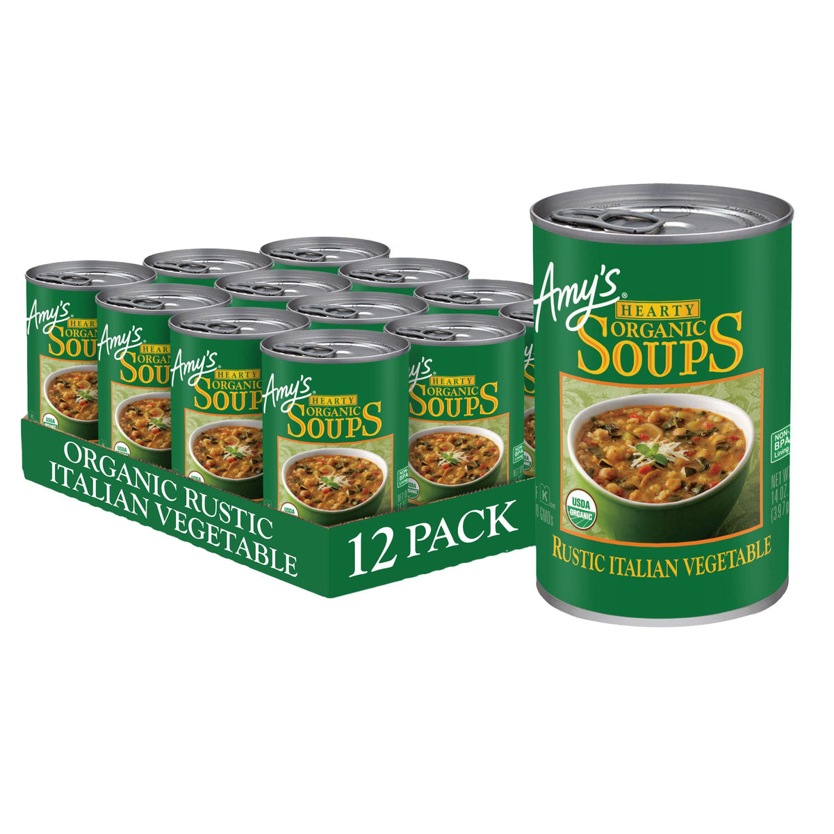 Amy's Organic Rustic Italian Vegetable Soup cans showcase wholesome ingredients for quick meals