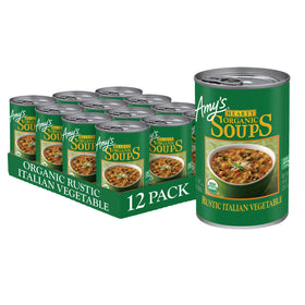 Amy's Organic Rustic Italian Vegetable Soup cans showcase wholesome ingredients for quick meals