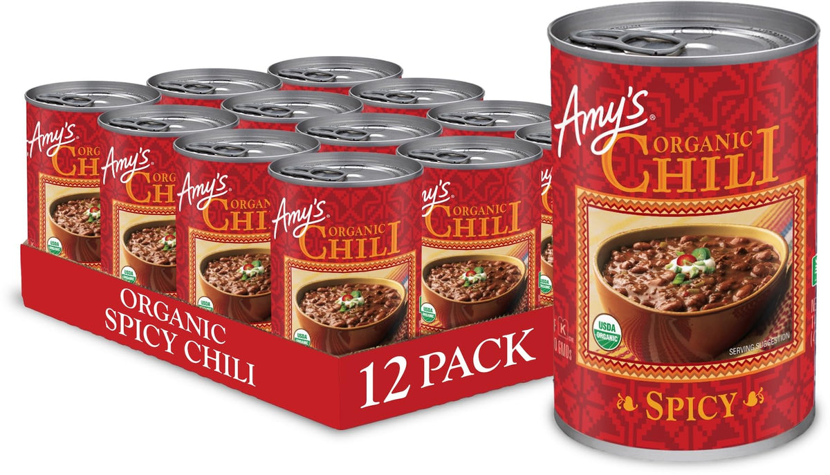 Amy's Organic Spicy Chili can front, hearty plant-based meal ready in minutes.