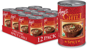 Amy's Organic Spicy Chili can front, hearty plant-based meal ready in minutes.