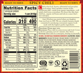 Cooking instructions for Amy's Organic Spicy Chili: microwave or stove top.