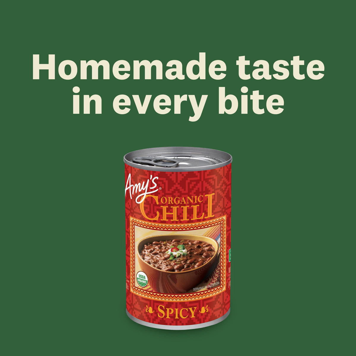 Amy's Organic Spicy Chili ingredients panel with organic red beans and tofu
