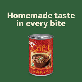 Spoon serving of Amy's Chili highlights protein-rich plant-based dinner.