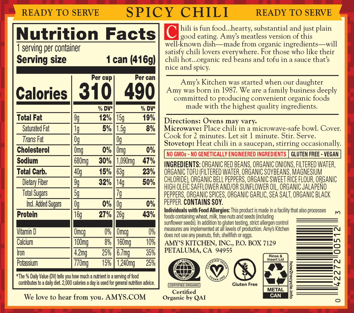 Amy's Organic Spicy Chili vegan and gluten-free options highlighted